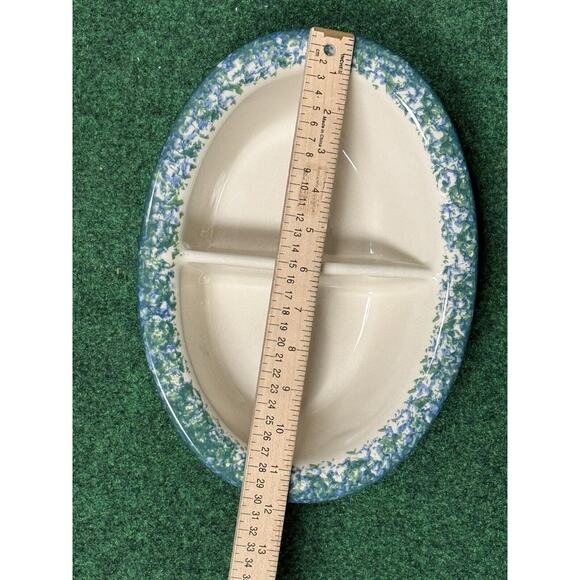 Gerald Henn Workshops Spongeware Oval Divided Dish GREEN & BLUE Stoneware - Picture 9 of 9